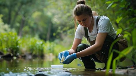 Scientist taking water sample from river for testing in laboratory ...