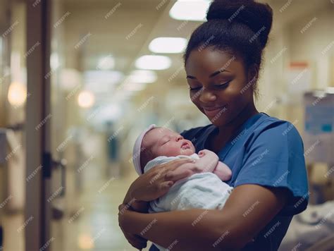 Hospital nurse holding newborn baby captured in natural light for a ...